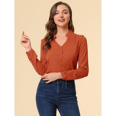 This shirt is elegant and charming for workwear or a day-to-night look, with a cut-out v-neck and unique shoulder details. No-see-through chiffon fabric and stylish v-neck make it a perfect choice for work, office, and daily wear. Pair this work office shirt with a pencil skirt, work pants, or casual jeans. The return of a classic, this button-up shirt is cut from in a chiffon sateen in an always flattering fit-and-flare silhouette. Model Body Size: Height: 5'9", Chest: 33 inches, Waist: 24 inch Semi-formal Fall V-neck Top, Semi-formal Solid V-neck Top, Trendy Collared Blouse For Work, Trendy Formal V-neck Shirt, Office Wear V-neck Shirt For Ladies, Spring Workwear Blouse With Notched Neckline, Spring Notched Neckline Workwear Blouse, Office Lady V-neck Shirt, V-neck Office Lady Shirt For Office Wear