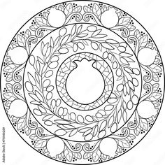 a circular design with fruit and leaves in the center, on a white background for coloring