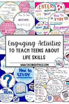 the words engaging activities to teach teens about life skills are shown in this collage