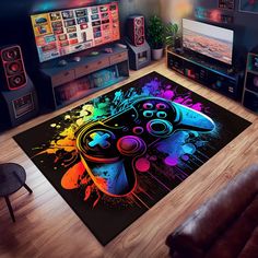 a living room with a rug that has a video game controller on it and colorful paint splatters all over the floor