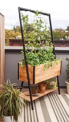 the diy trellis planter is sitting on top of a deck with potted plants