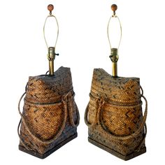 two woven bags with wooden handles are shown side by side on the same white background