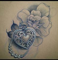 a drawing of a heart with a rose on it and a chain around the neck