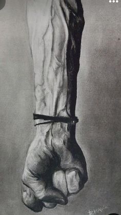 a pencil drawing of a hand with a wrist band