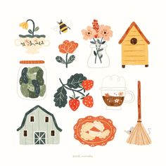 an illustration of various items that include flowers, leaves and other things to make it look like