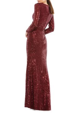 Lustrous sequins and bodice ruching add contemporary glamour to a long-sleeve gown styled with an alluring surplice neck and floor-sweeping hem. 63" length Surplice V-neck Long sleeves Lined 100% polyester Spot clean Imported Sequined Fabric, Charmeuse Dress, Long Sleeve Sequin Dress, Trumpet Gown, Sleeve Gown, Bride Groom Dress, Prom Designs, Designer Prom Dresses, Column Gown