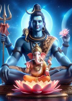 lord ganeshri sitting on lotus in front of the moon