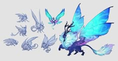 some very pretty blue and purple items on a white surface with one dragon flying in the air