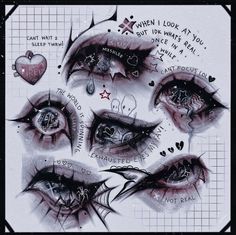 an image of some eyes with different tattoos on their faces and the words i love you written above them