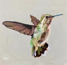 a painting of a hummingbird flying with its wings spread out and it's head turned to the side