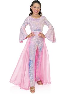 Marc Defang 8004K Sequin Bell Sleeve Pageant Jumpsuit Overskirt Fun Fashion   Price is inclusive of overskirt  Fully beaded jumpsuit Bell sleeve Option of matching overskirt Knitted inner comfort lining  Available Sizes: 4-14  Available Colors: Baby Pink