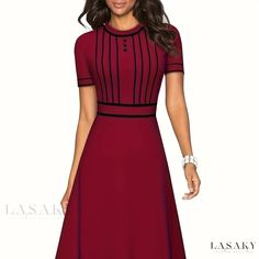 Lasaky - Chic Sleeve Dress with Crew Neck, Midi Length, and Striped Design - Womens Fashion Stylish Dresses For Women Fashion, A Line Dresses For Women, Dresses Business, Vestidos Retro, Summer Vintage, Business Formal, Vintage Style Dresses, Patchwork Dress, Business Dresses