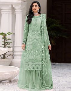 Pista Net Lehenga Suit Green Sharara Suit, Kurti Style, Modest Evening Dress, Sequence Embroidery, Lehenga Suit, Palazzo Suit, Net Lehenga, Salwar Kamiz, Designer Anarkali