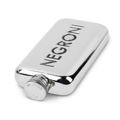 a silver flask with the word neon engraved on it's front and side