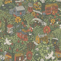 an illustration of houses and flowers on a green background