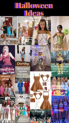 many different pictures of women in costumes and words that say halloween ideas on the front