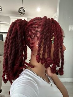 Locs Two Ponytails, Locs With Weave Ponytail, Dark Red Locs, Red Butterfly Locs, Curly Locs Hairstyles, Loc Ponytail, Red Locs, Two Ponytails