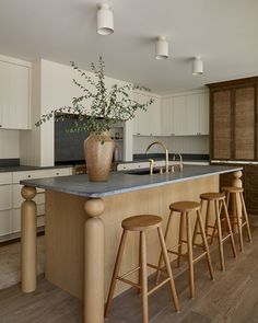 a kitchen island with stools next to it and a potted plant on the counter