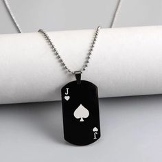 Jack Of Spades Card With Hearts Dog Tag Necklace. Jack Of Spades, Black And White Heart, Ace Of Spades, Plate Necklace, Mens Accessories Jewelry, Stainless Steel Pendant, Dog Tag, Metal Necklaces, Heart Pendant Necklace