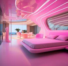 a bedroom with pink furniture and large windows