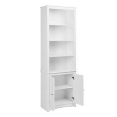 a white bookcase with two shelves and one door open on the left side, in front of a white background