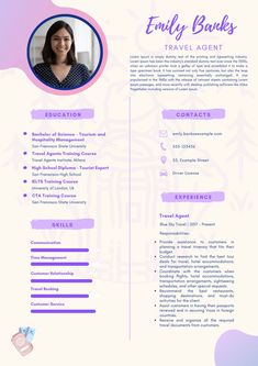 a purple and white resume with an image of a woman in the center on it