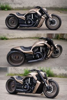 three different views of a gold and black motorcycle