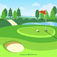 a golf course with a red flag on the tee and water in the background illustration