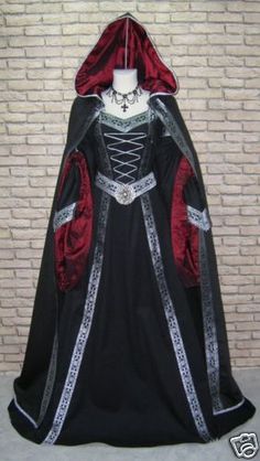 Argento Medieval Maid Dress, Gothic Victorian Outfits, Medieval Ball, Hooded Gown, Medieval Dresses, Gaun Abad Pertengahan, Medieval Cloak, Medieval Gown, Black Cloak