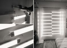 two pictures show the inside of a bedroom with light coming through the window and lighting up the wall