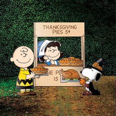 peanuts and charlie brown are selling thanksgiving pies at a stand in front of a hedge