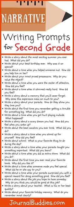 an orange and white poster with the words narrative writing prompts for second grade