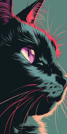 a close up of a black cat's face with pink and blue eyes on a green background