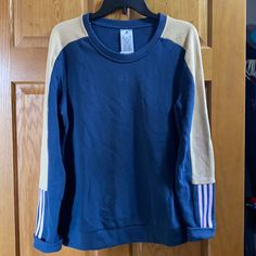 Nwt. Adidas Sweatshirt. Size L Blue Athleisure Tops With Three Stripes, Blue Color Block Athleisure Sweatshirt, Blue Color Block Sweatshirt Athleisure Style, Casual Long Sleeve Tops With Three Stripes, Navy Long Sleeve Color Block Top, Blue Adidas Long Sleeve Tops, Adidas Blue Long Sleeve Tops, Navy Adidas Sporty Top, Adidas Navy Sporty Tops