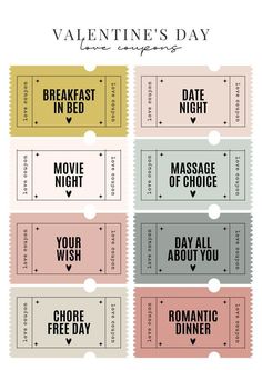 valentine's day movie ticket printables with the words, date in bed