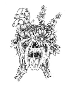 a black and white drawing of a skull with flowers on it's head in front of a white background