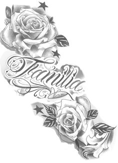 two roses with the word grandma written on them are shown in black and grey ink