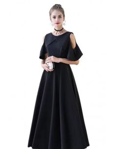 Black Tea Length Aline Party Dress with Cold Shoulder Black Fitted A-line Tea Length Dress, Black Knee-length Off Shoulder Dress For Formal Occasions, Black Tea-length Midi Dress For Evening, Black A-line Tea Length Party Dress, Black Asymmetrical Knee-length Party Dress, Tea Length, Black Tea, Cold Shoulder, Party Dress