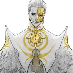 a drawing of a man with white hair and gold on his face