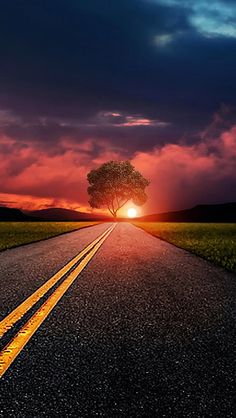 the sun is setting on an empty road with a lone tree in the middle of it