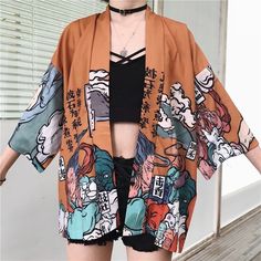 Casual Cotton Printed Kimono, Spring Orange Cotton Kimono, Casual One Size Cotton Kimono, Casual Cotton Kimono, Casual Multicolor Cotton Kimono, Brown Cotton Kimono, Gilet Kimono, Traditional Japanese Kimono, Egirl Outfits