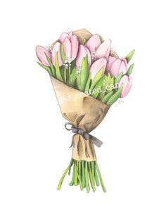 a watercolor painting of pink tulips wrapped in burlock and tied with ribbon