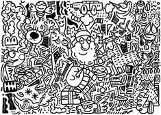 a black and white drawing of many different things in the same pattern, including letters