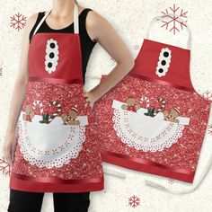 a woman wearing an apron with christmas decorations on it