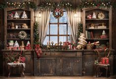 an old fashioned christmas scene with presents on the shelves and decorations in front of a window