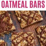 chocolate covered oatmeal bars are arranged on a wooden table with text overlay