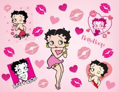 an image of cartoon characters with hearts on pink background and various designs for valentine's day