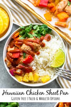 hawaiian chicken sheet pan with rice, pineapples and cilantro on the side