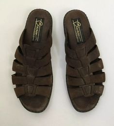 Biaco Flexibles Brown Suede Slip-on Sandals Size 9 Slides | eBay Vintage Open Toe Sandals For The Beach, Brown Slide Flip Flops Casual Style, Casual Adjustable Closed Toe Mules, Vintage Brown Mules For Summer, Casual Open Toe Sandals, Vintage Cushioned Footbed Sandals For Summer, Vintage Leather Footbed Sandals For Beach, Casual Brown Flip Flops With Leather Footbed, Casual Open Toe Mules With Leather Footbed