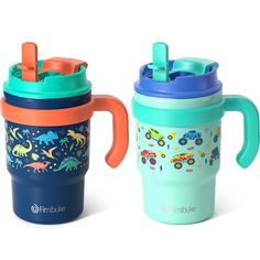 two children's sippy cups with handles, one blue and the other orange